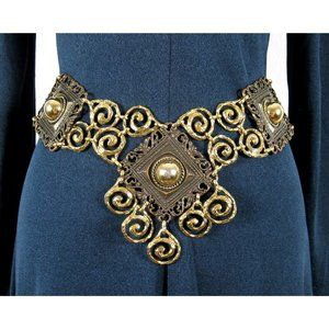 Vintage 1980s Ornate Bronze Metal Brutalist Belt